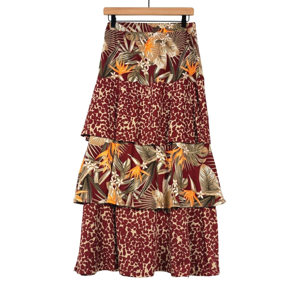 Cato Women Tiered Maxi Skirt S Burgundy Tropical Animal Print Festival 70's Fall